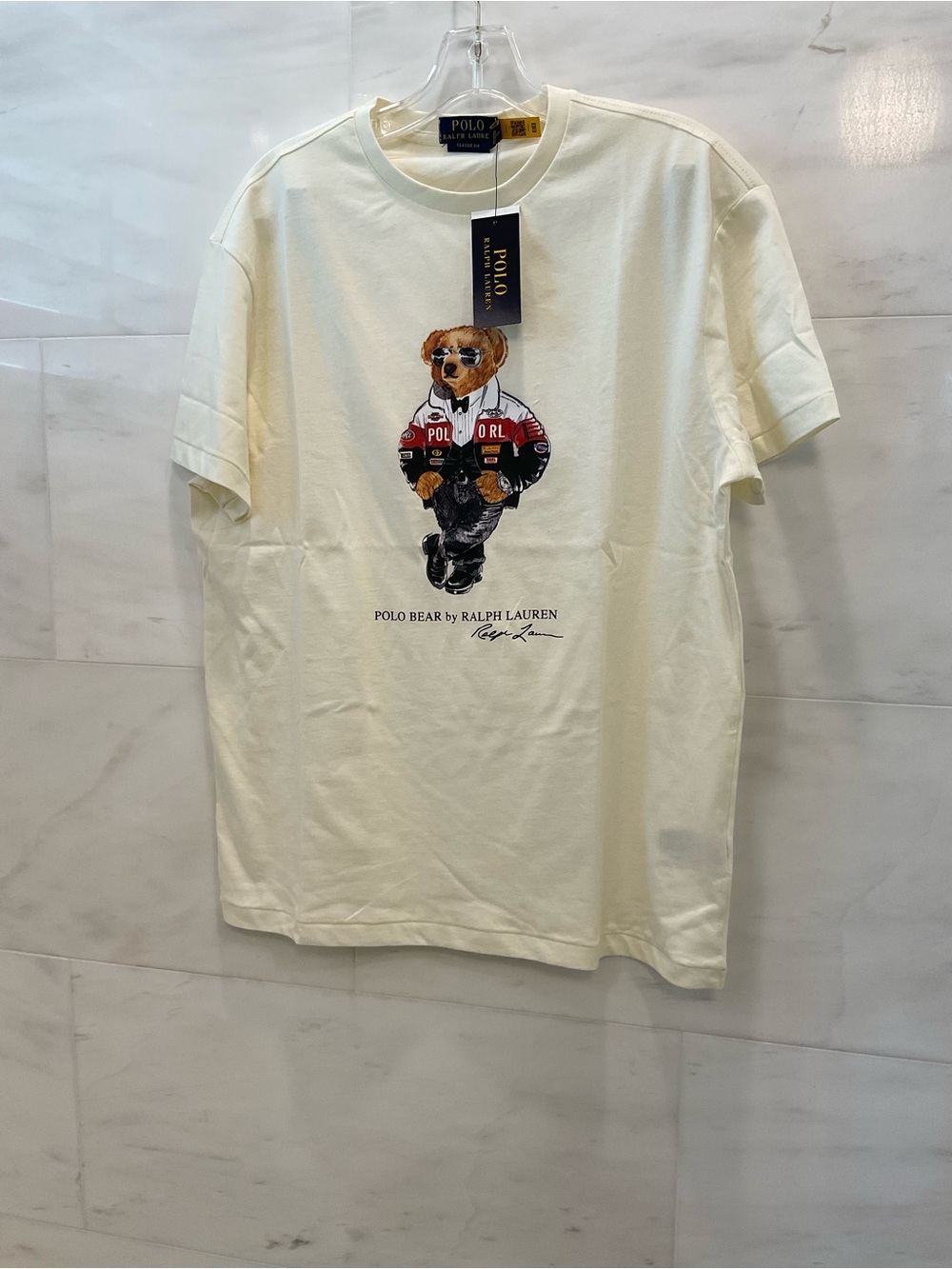 Polo Ralph Lauren Cream HOLIDAY TUXEDO RACING JACKET BEAR Short Sleeve T Shirt